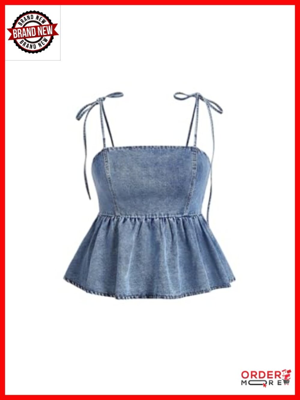 Plus Size Denim Cami Top Tie Shoulder Smocked Babydoll Peplum Crop